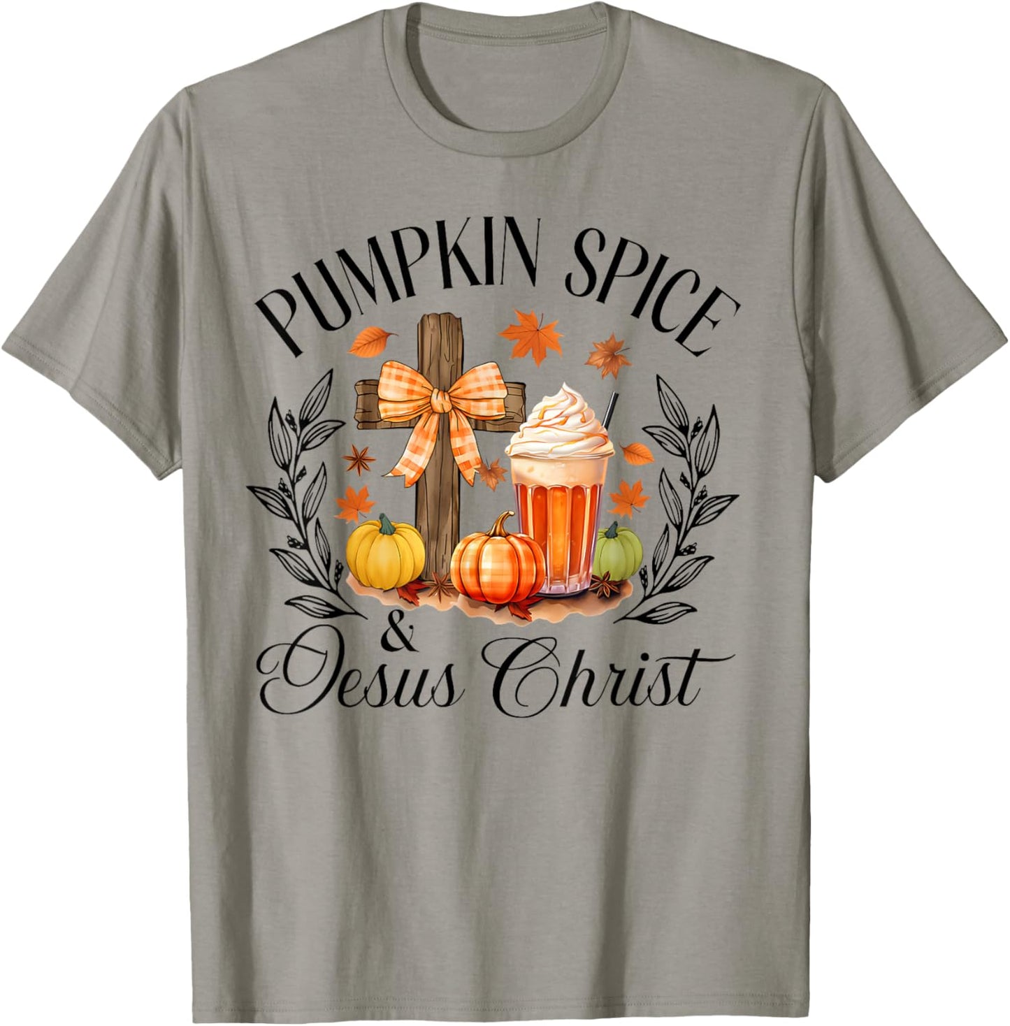 Pumpkin Spice And Jesus Christ Cross Pumpkin Christian T-Shirt - T-Shirt | Sand