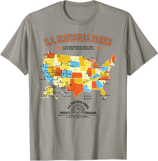 U.S. National Park Hiking Map - All 63 US National Parks Map T-Shirt - T-Shirt | Sand
