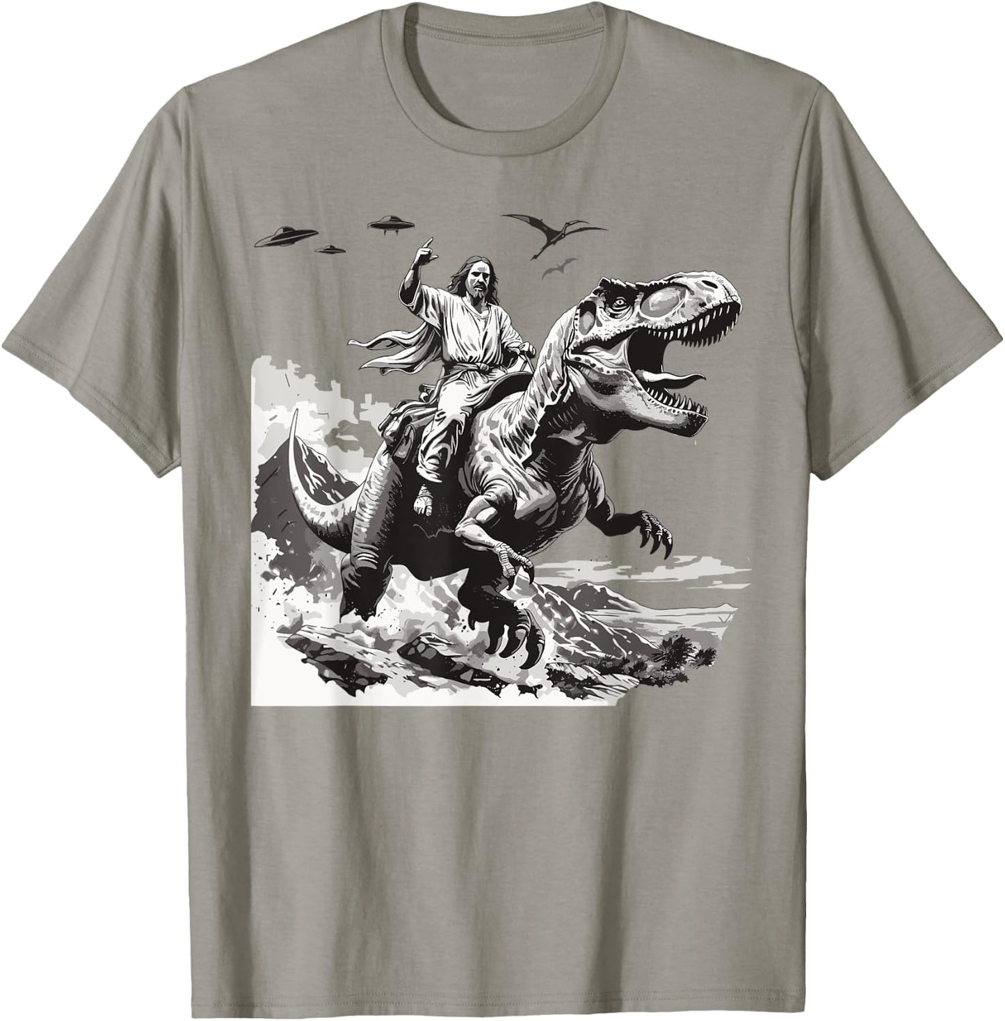 Jesus riding a dinosaur christian Religious motives funny T-Shirt - T-Shirt | Sand