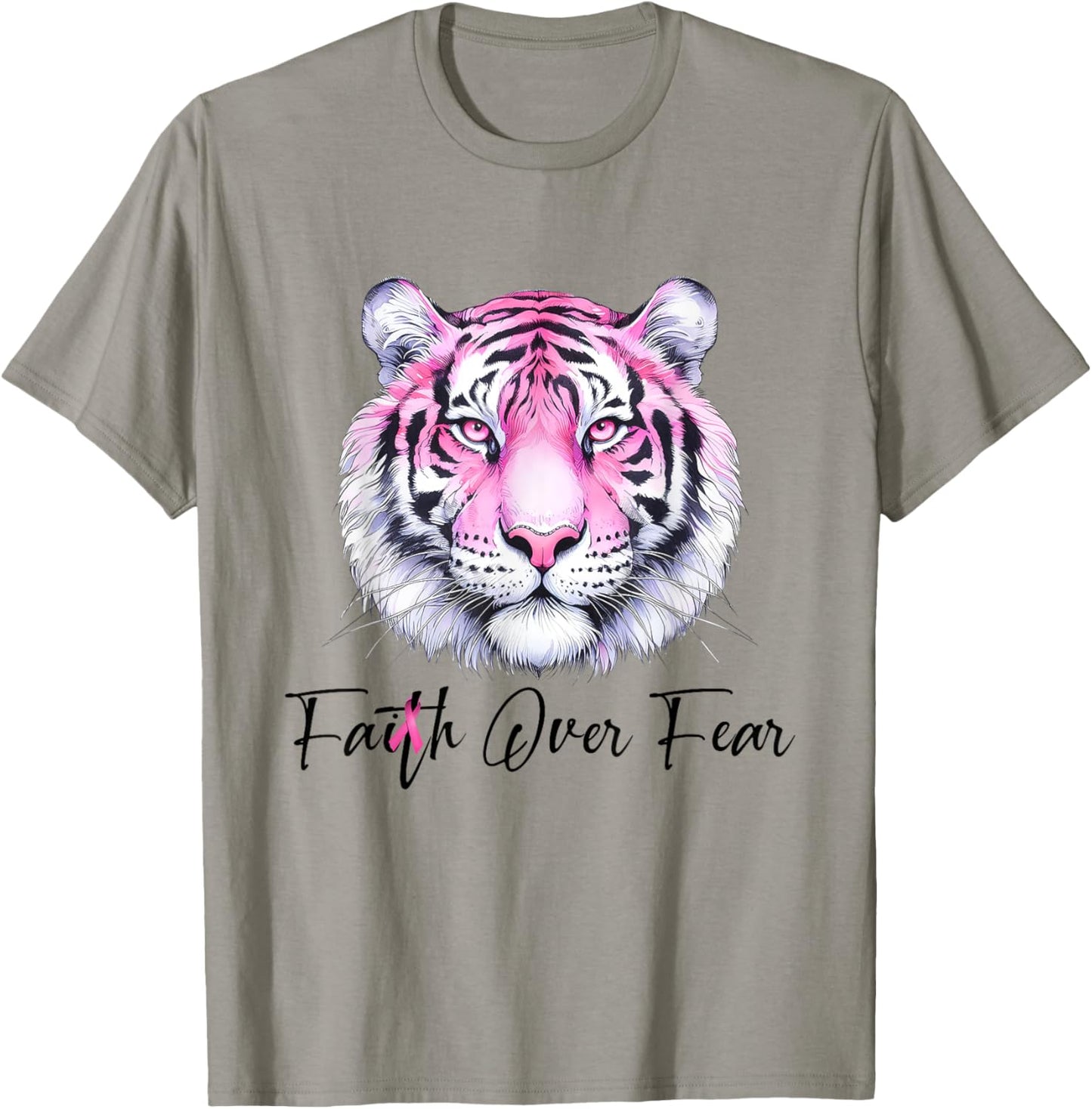 Faith Over Fear Christian Tiger Breast Cancer Awareness T-Shirt - T-Shirt | Sand