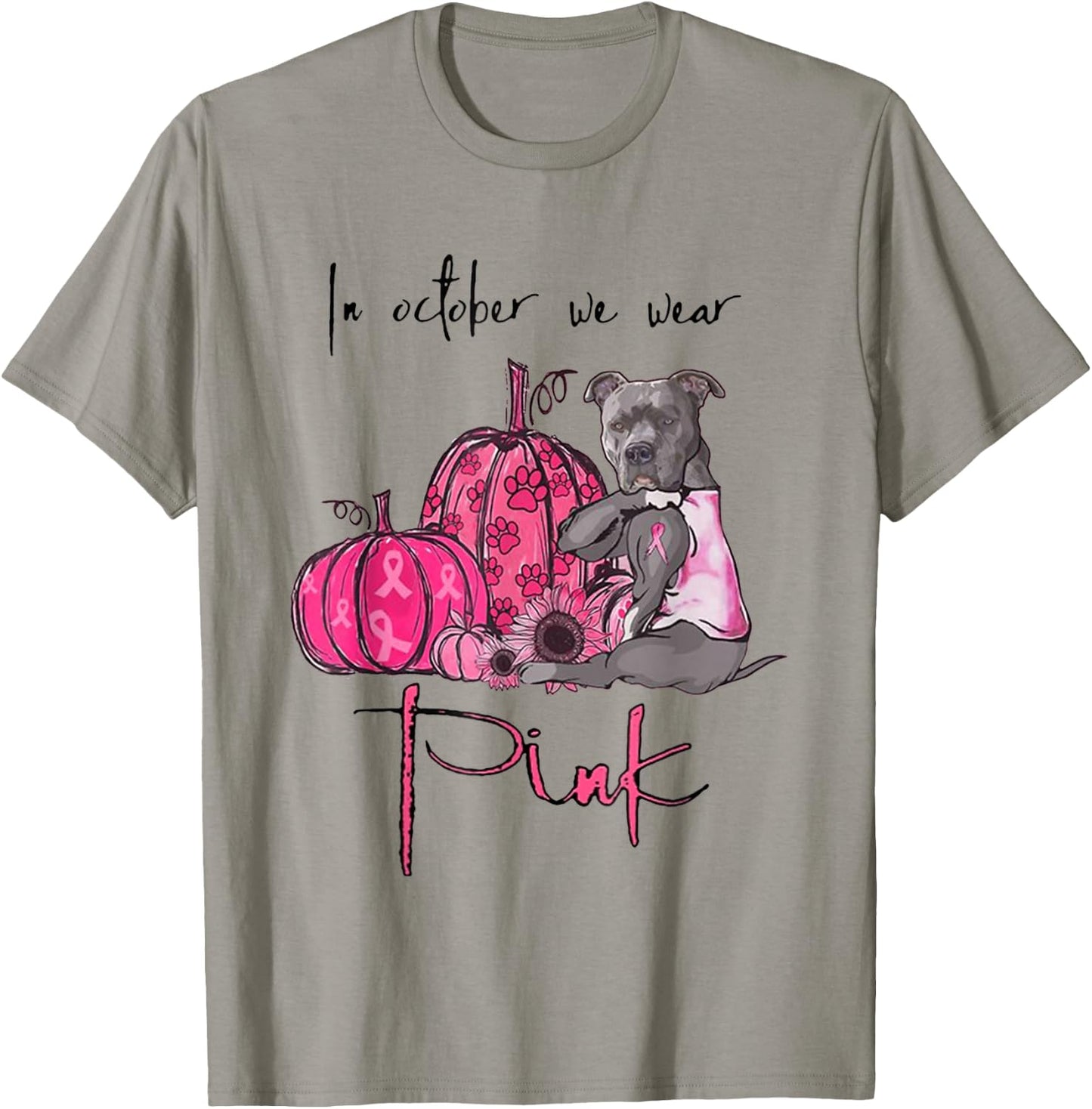 In October We Wear Pink - Breast Cancer Awareness Pitbull T-Shirt - T-Shirt | Sand