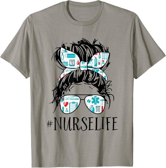 Messy Hair Woman Bun Nurse Life Healthcare Life T-Shirt - T-Shirt | Sand