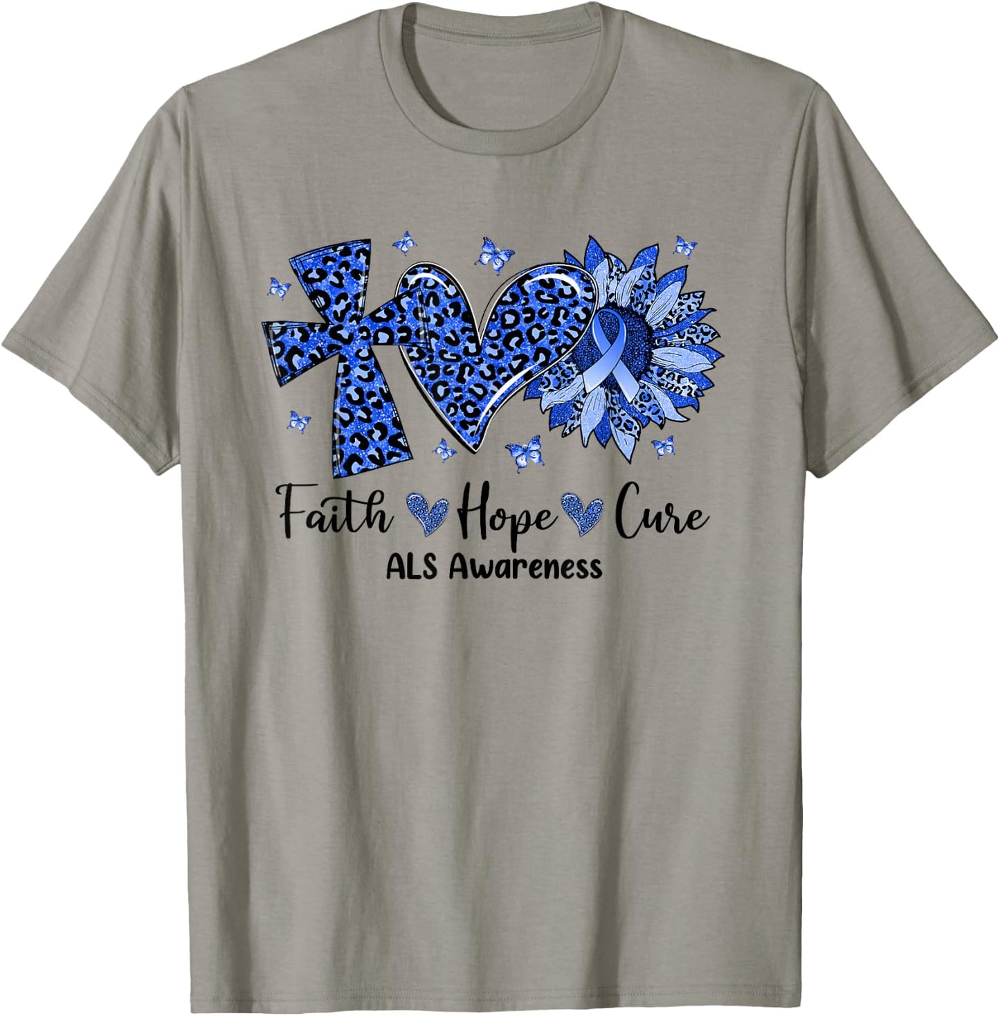 Faith Hope Cure Sunflower Leopard ALS Awareness T-Shirt - T-Shirt | Sand