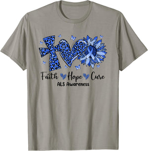 Faith Hope Cure Sunflower Leopard ALS Awareness T-Shirt - T-Shirt | Sand