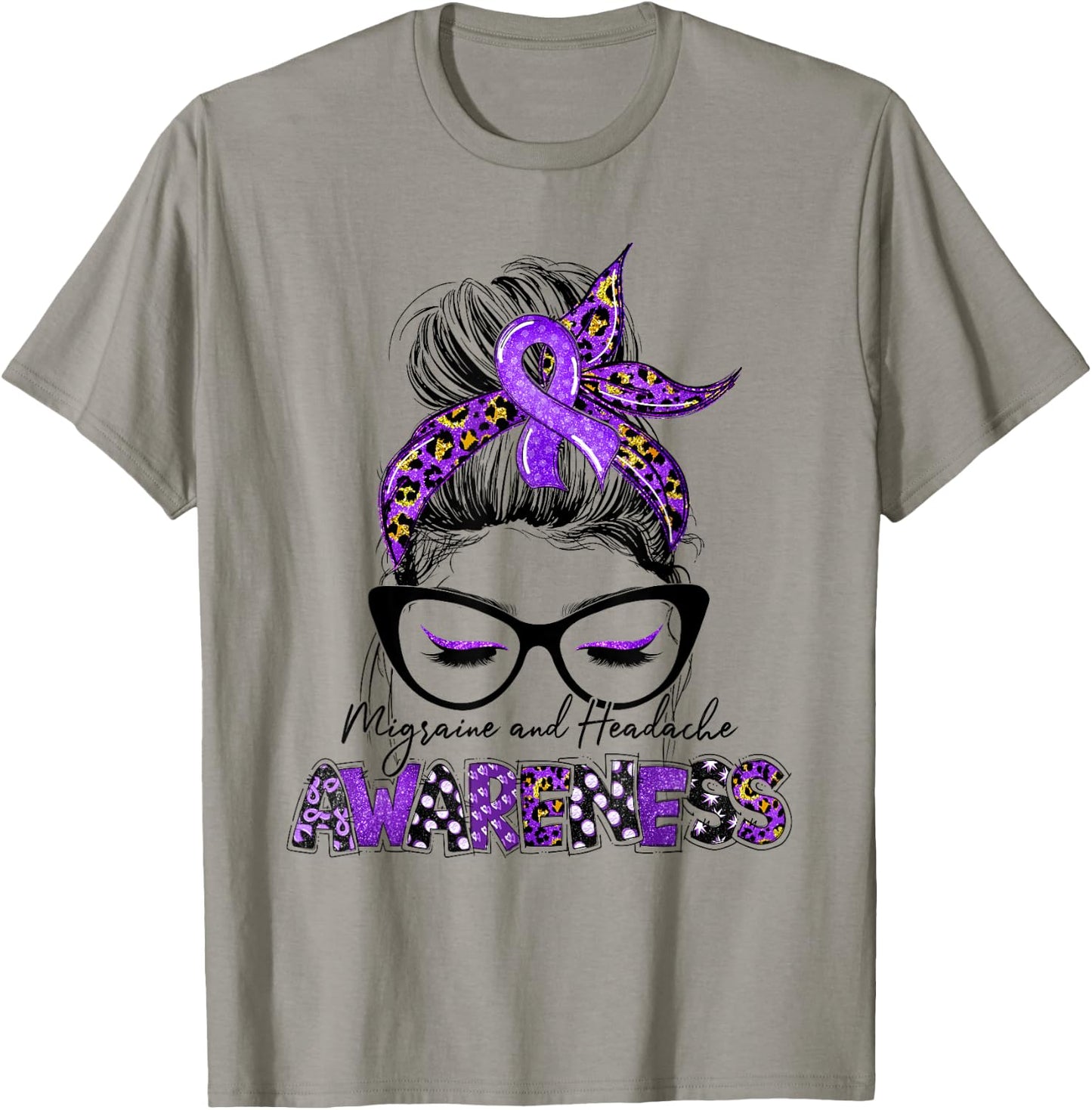 Purple Ribbon Messy Bun Migraine Headache Awareness Month T-Shirt - T-Shirt | Sand