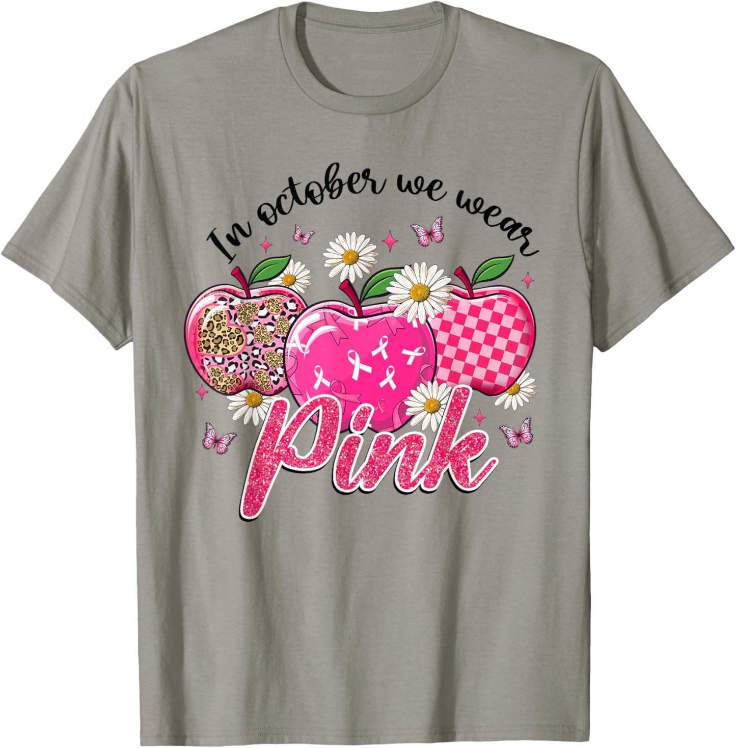 In October We Wear Pink Apple Teacher Daisy Breast Cancer T-Shirt - T-Shirt | Sand
