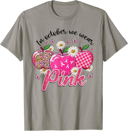 In October We Wear Pink Apple Teacher Daisy Breast Cancer T-Shirt - T-Shirt | Sand