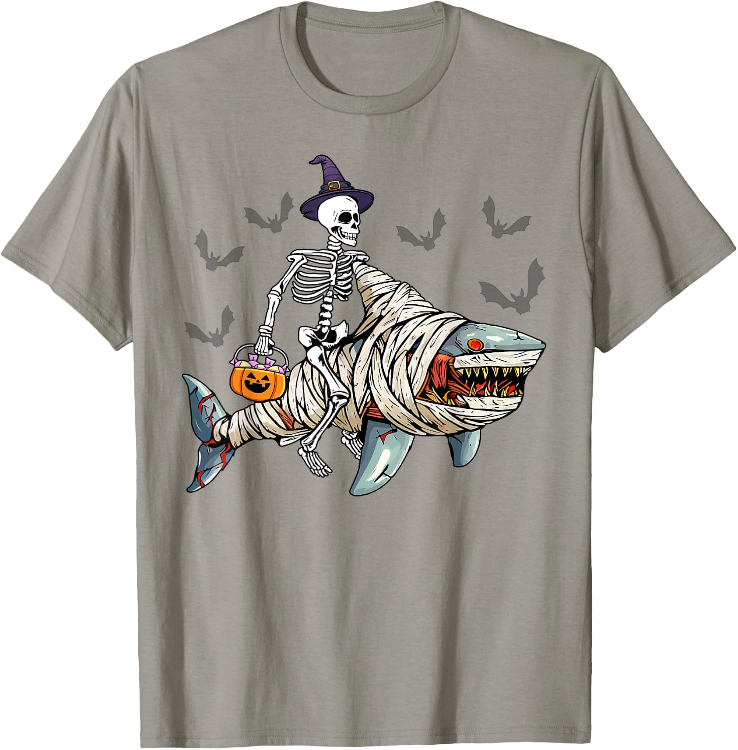 Skeleton Riding Mummy Shark Funny Halloween Pumpkin Witch T-Shirt - T-Shirt | Sand