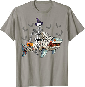 Skeleton Riding Mummy Shark Funny Halloween Pumpkin Witch T-Shirt - T-Shirt | Sand