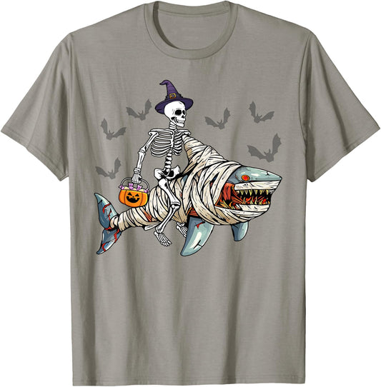 Skeleton Riding Mummy Shark Funny Halloween Pumpkin Witch T-Shirt - T-Shirt | Sand