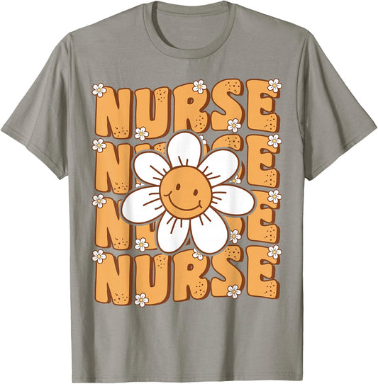 Groovy Nurse Cute Daisy Flower Retro School Nurse ICU CNA RN T-Shirt - T-Shirt | Sand