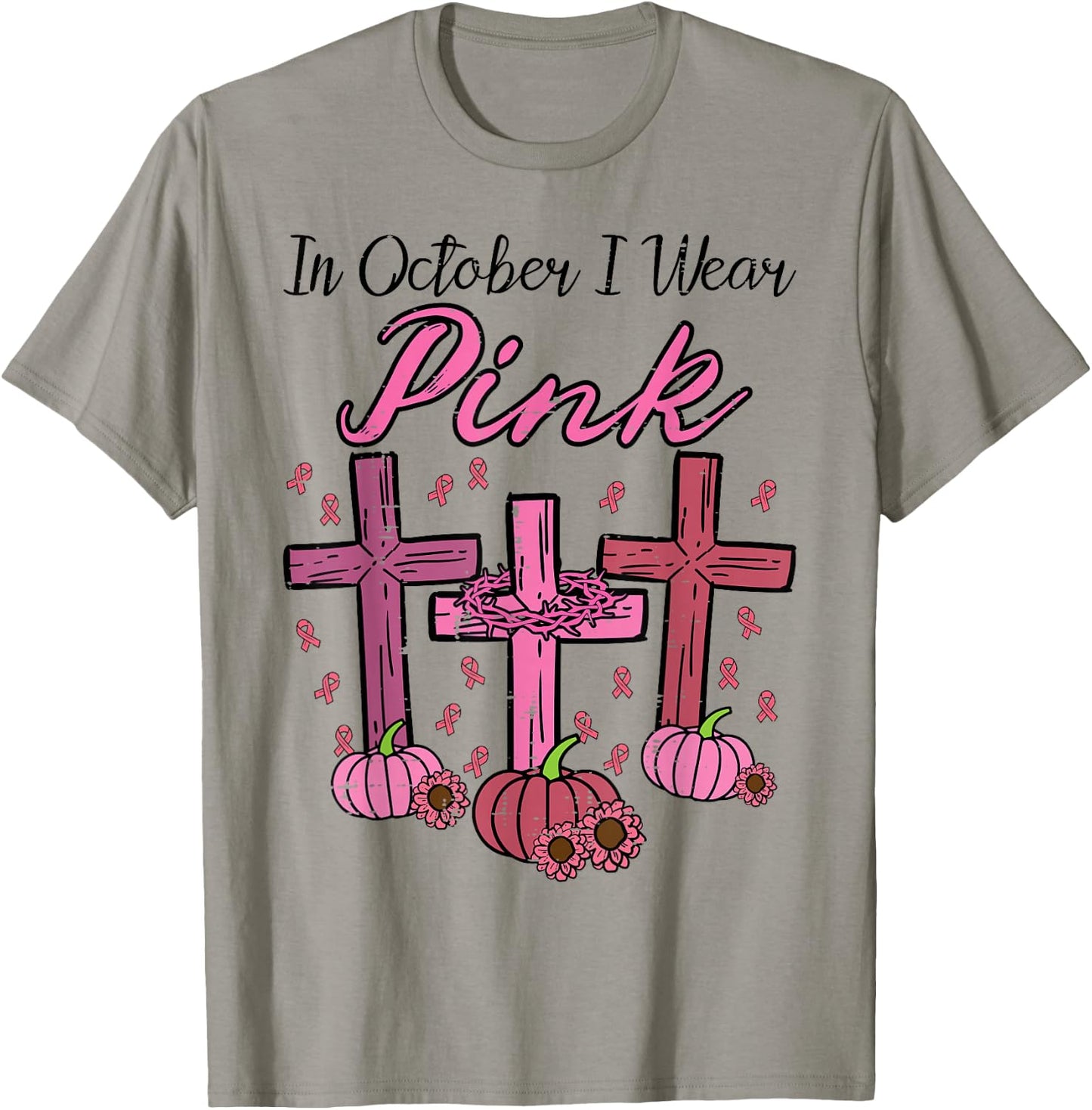 Breast Cancer Cross Pumpkin October Wear Pink Women Men Kids T-Shirt - T-Shirt | Sand
