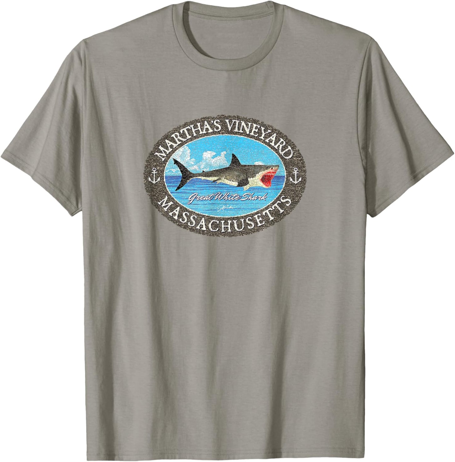 JCombs: Martha's Vineyard, MA, Great White Shark and Sea T-Shirt - T-Shirt | Sand