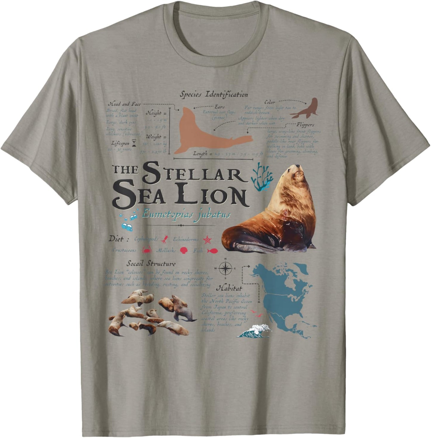 Vintage Stellar Sea Lion Anatomy Retro 90s Marine Biology T-Shirt - T-Shirt | Sand