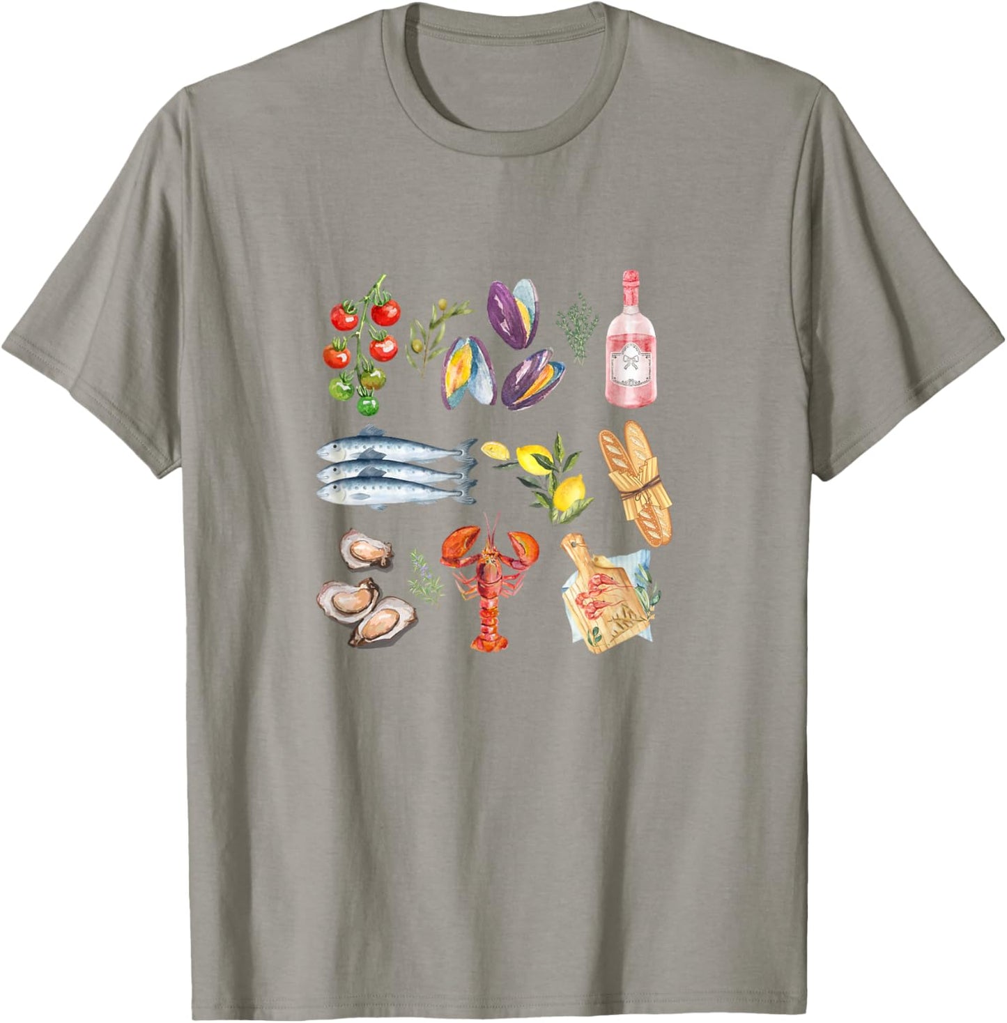 Italian Summer Scrapbook with seafood coastal Mediterranean T-Shirt - T-Shirt | Sand
