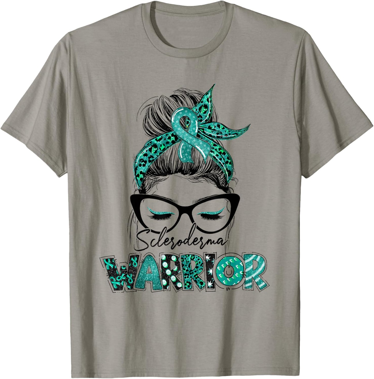 Teal Ribbon Messy Bun Hair Scleroderma Warrior T-Shirt - T-Shirt | Sand