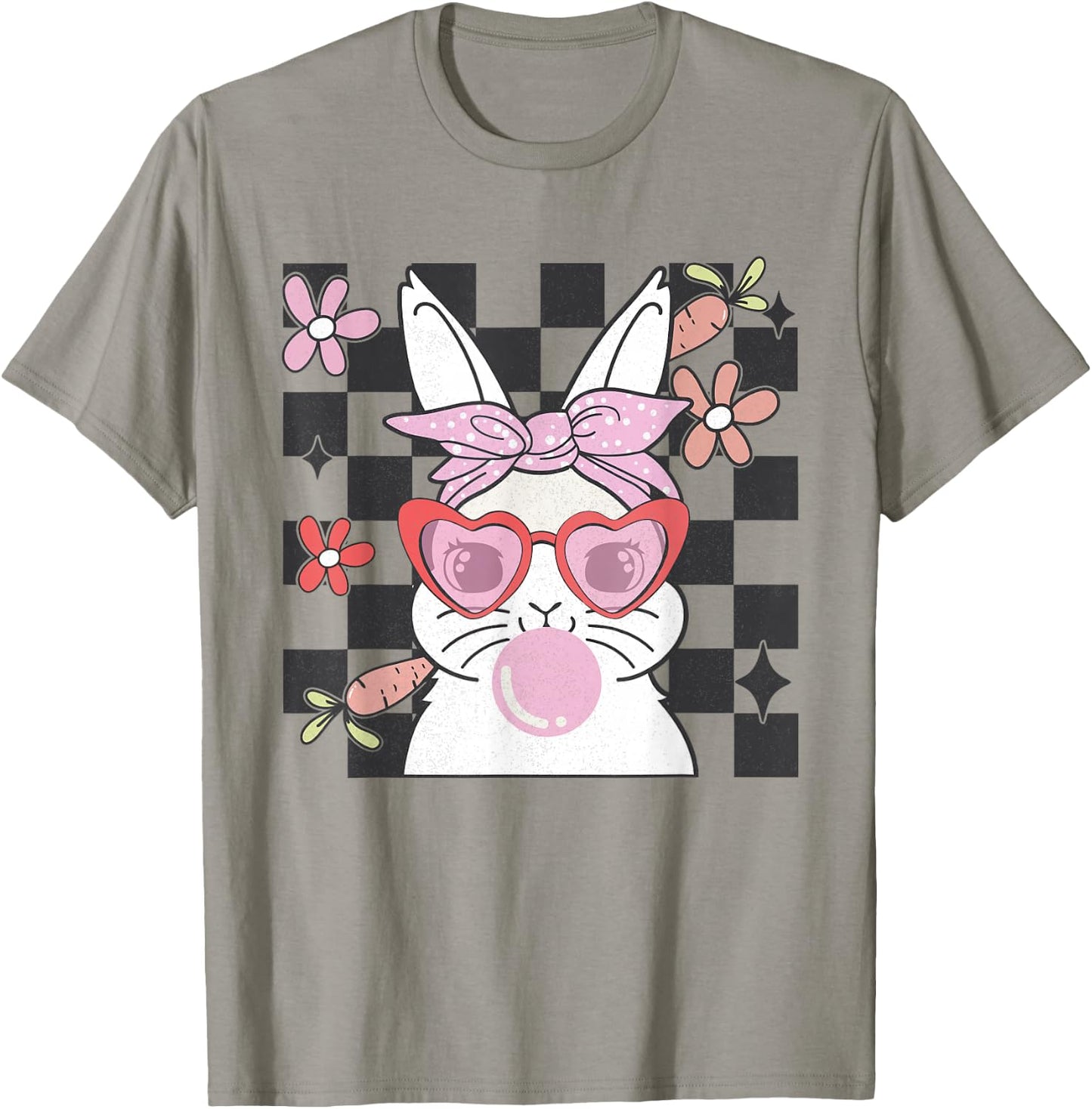 Retro Groovy Easter Bunny Bubblegum Checkered Girls T-Shirt - T-Shirt | Sand