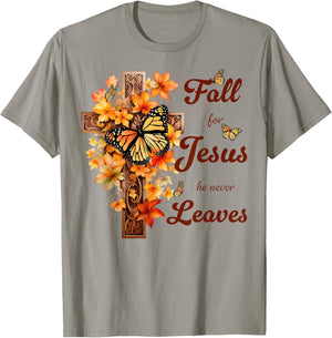 Fall For Jesus He Never Leaves Fall Cross Christian T-Shirt - T-Shirt | Sand