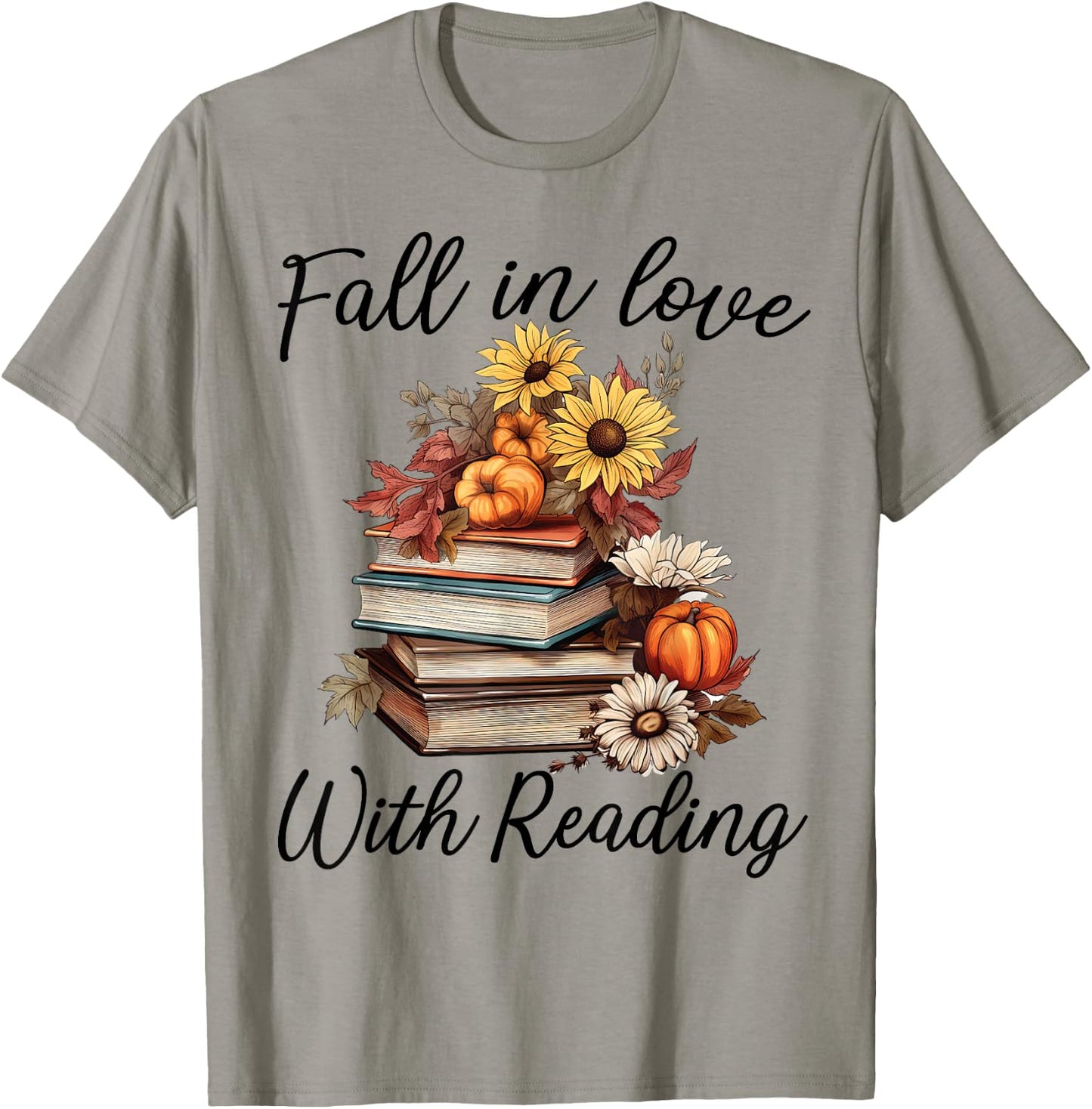Fall In Love With Reading Book Autumn Teachers Pumpkins T-Shirt - T-Shirt | Sand