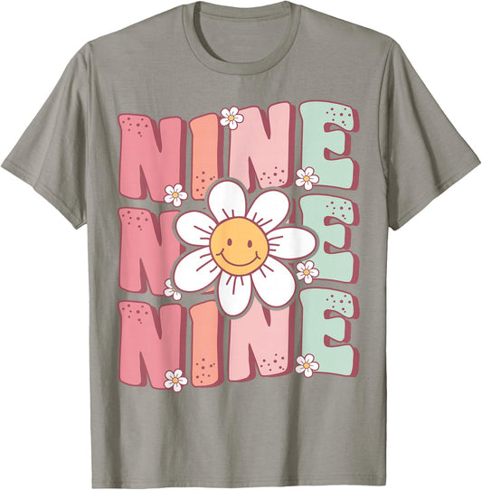 Cute Groovy 9th Birthday Party Daisy Flower Nine Year Old T-Shirt - T-Shirt | Sand