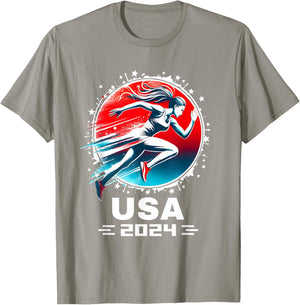 USA Team 2024 Running American Flag Women Track and Field T-Shirt - T-Shirt | Sand