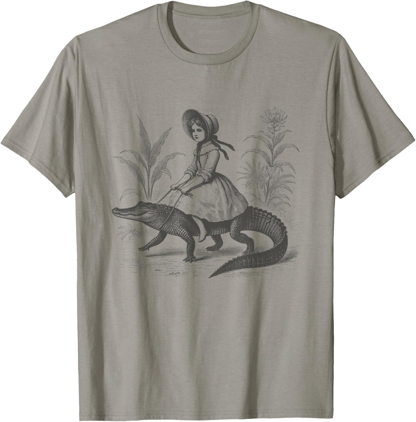 Girl Riding Alligator Vintage Weird Art Ladies Men T-Shirt - T-Shirt | Sand