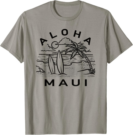 Aloha Maui Hawaii Hawaiian Island Palm Tree Surfboard Beach Men Women Kids T-Shirt - T-Shirt | Sand