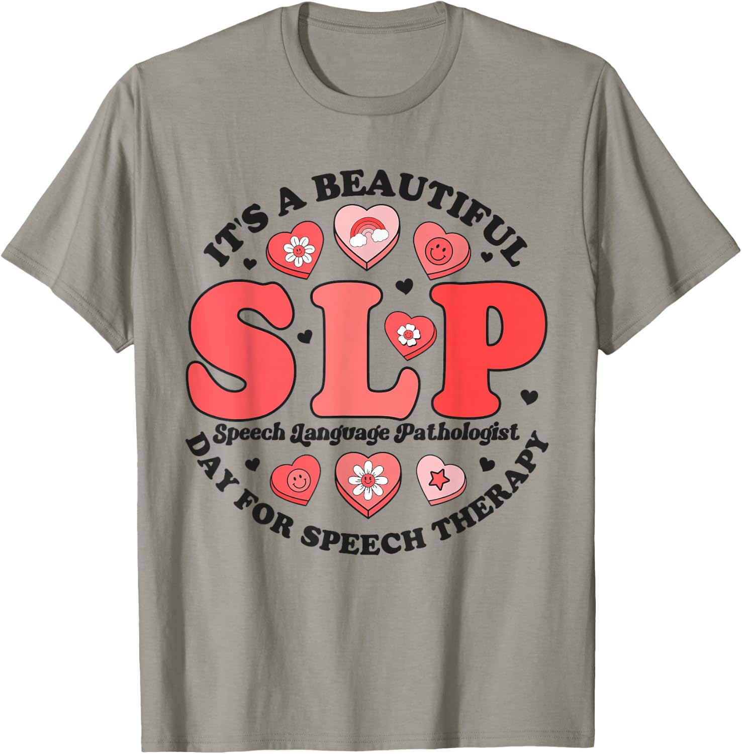 SLP Speech Therapy Pathologist Crew Groovy Valentines Hearts T-Shirt - T-Shirt | Sand