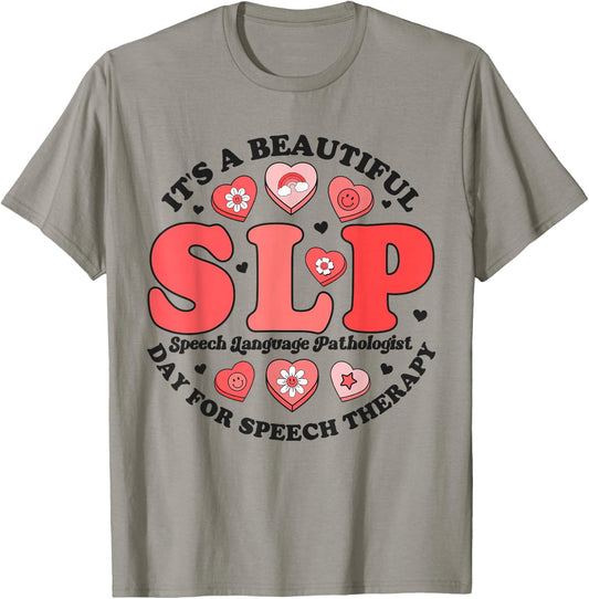 SLP Speech Therapy Pathologist Crew Groovy Valentines Hearts T-Shirt - T-Shirt | Sand