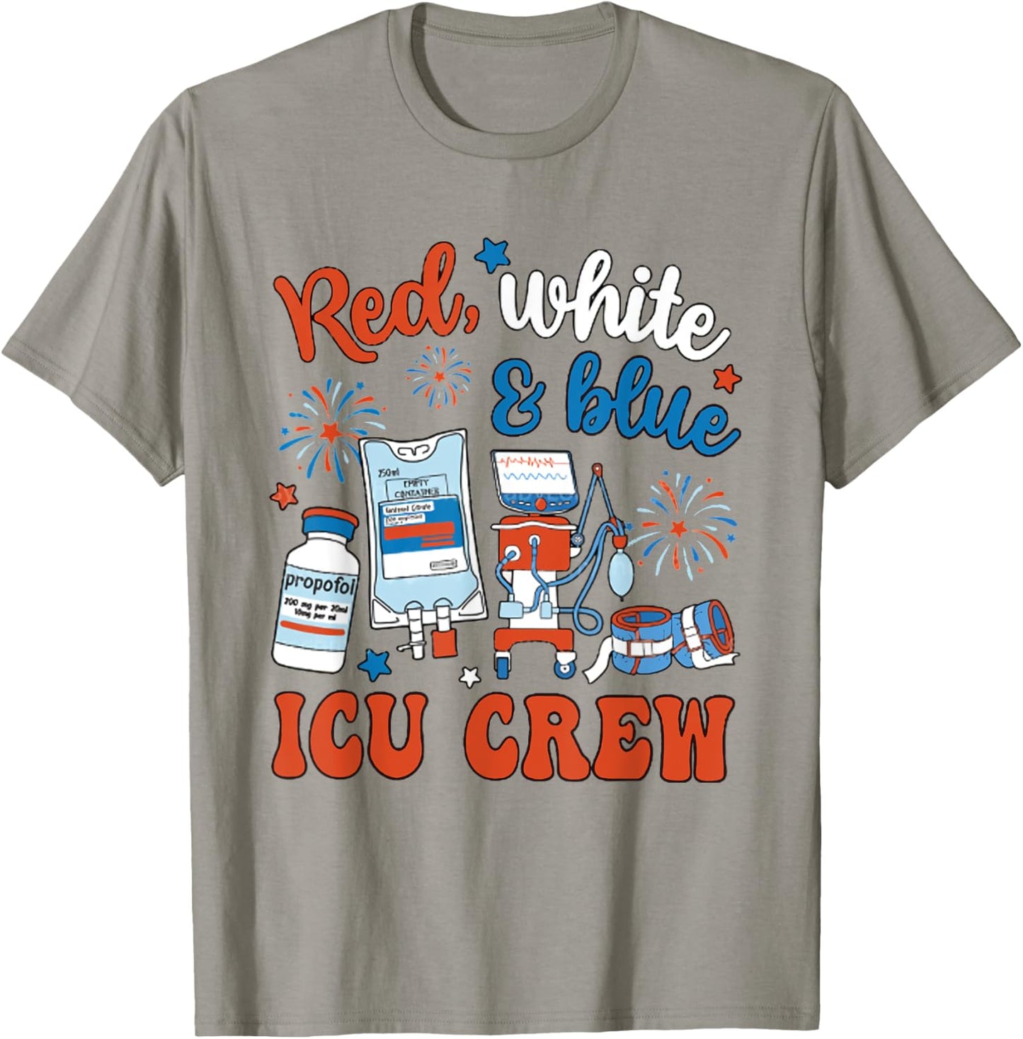 Red White Blue ICU Crew 4th July Intensive Care Unit Nursing T-Shirt - T-Shirt | Sand