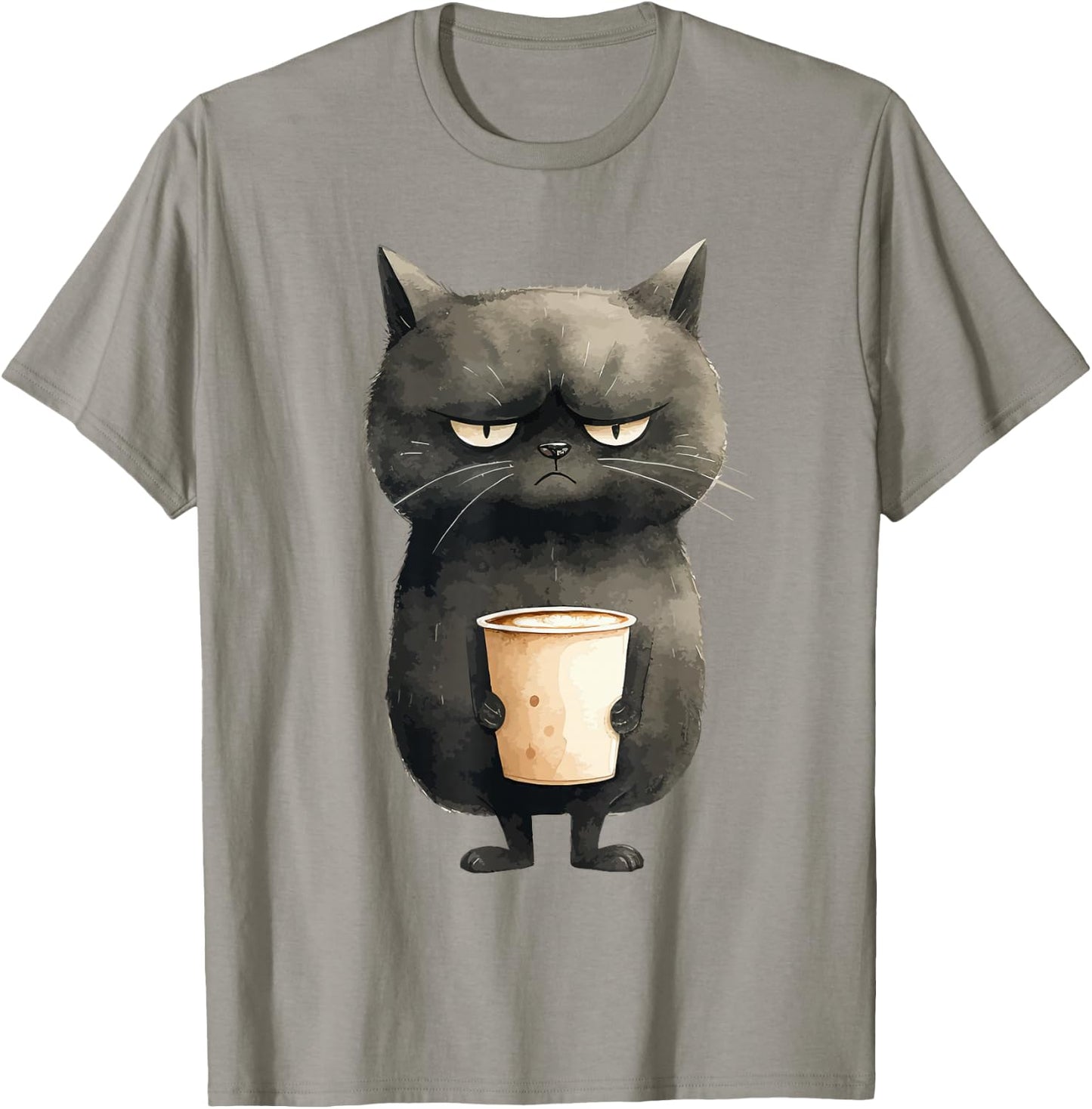 Grumpy Black Cat with Latte Coffee T-Shirt - T-Shirt | Sand