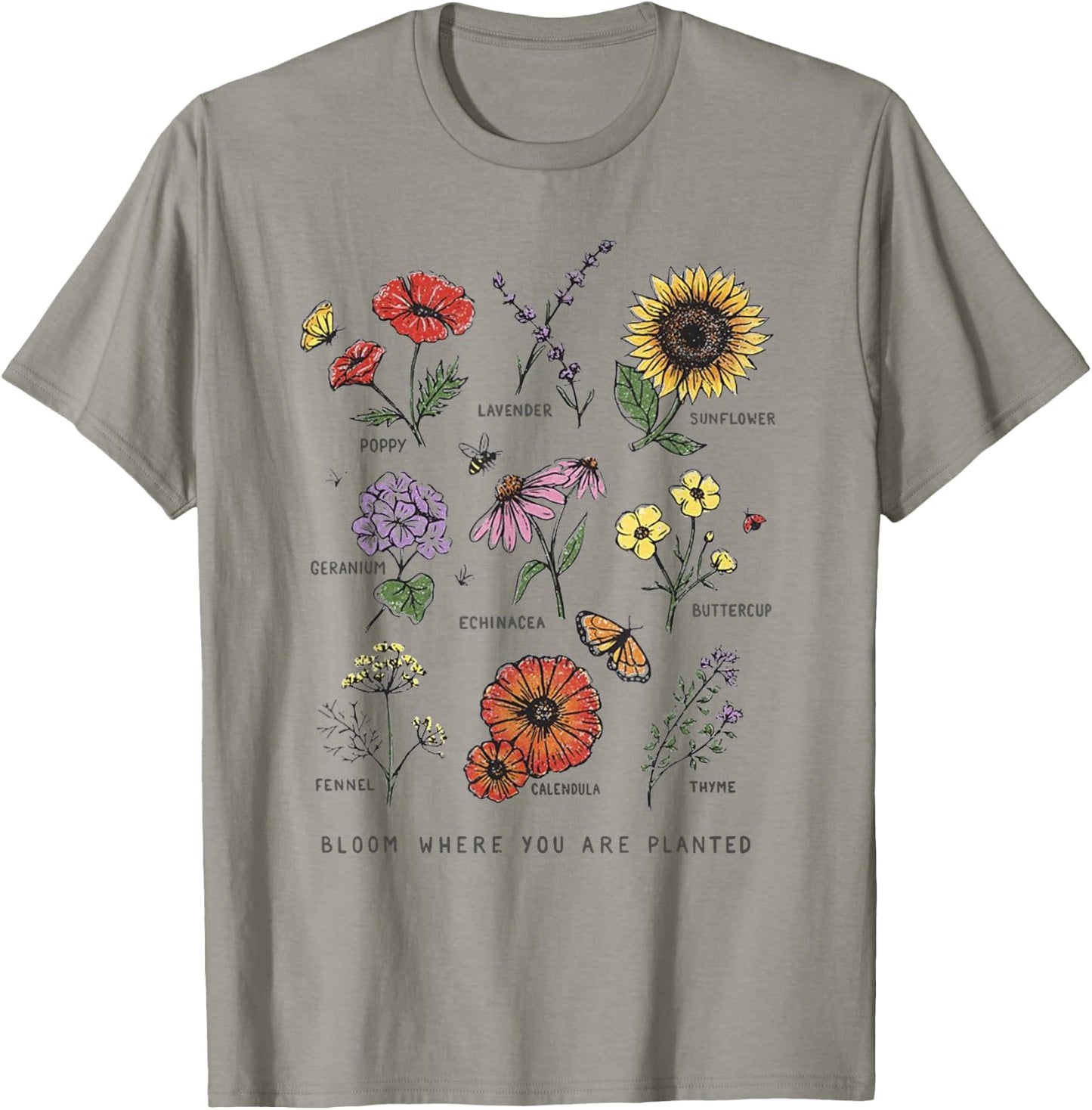 Garden Life Gift Bloom Where You Are Planted Botanican Flowers Adult Blue Small Modern Classic Floral Short Sleeve T-Shirt - T-Shirt | Sand