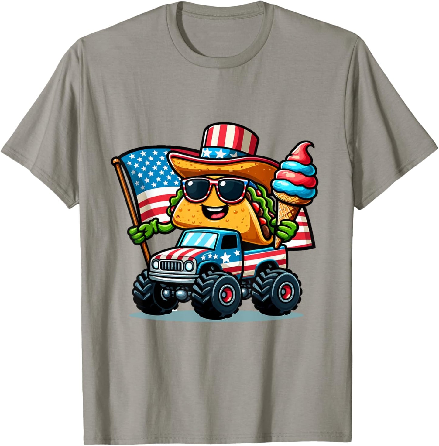 Funny Taco Riding Monster Truck holding ice cream 4 of July T-Shirt - T-Shirt | Sand