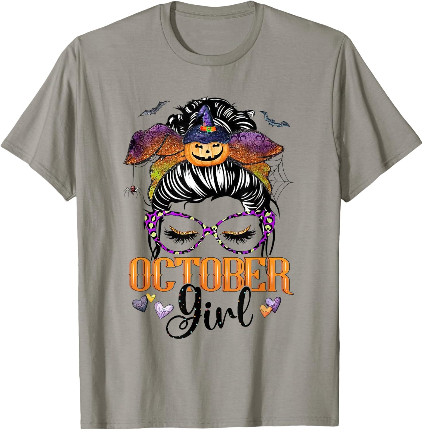 October Girl Halloween Messy Bun Lady Hair Glasses Bandana T-Shirt - T-Shirt | Sand