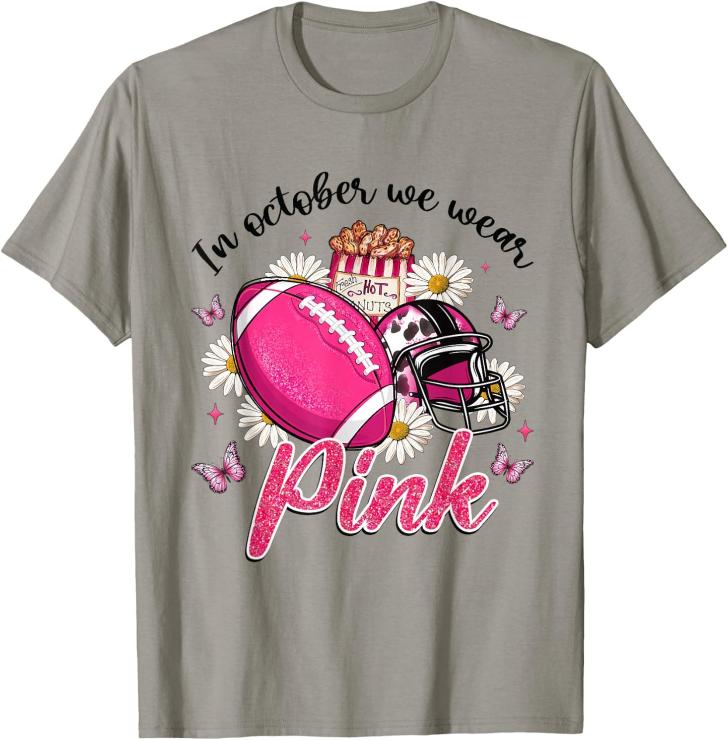 In October We Wear Pink Football Butterfly Breast Cancer T-Shirt - T-Shirt | Sand