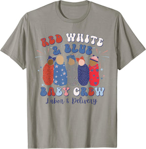 Retro Red White Blue Baby Crew 4th July Labor Delivery Nurse T-Shirt - T-Shirt | Sand