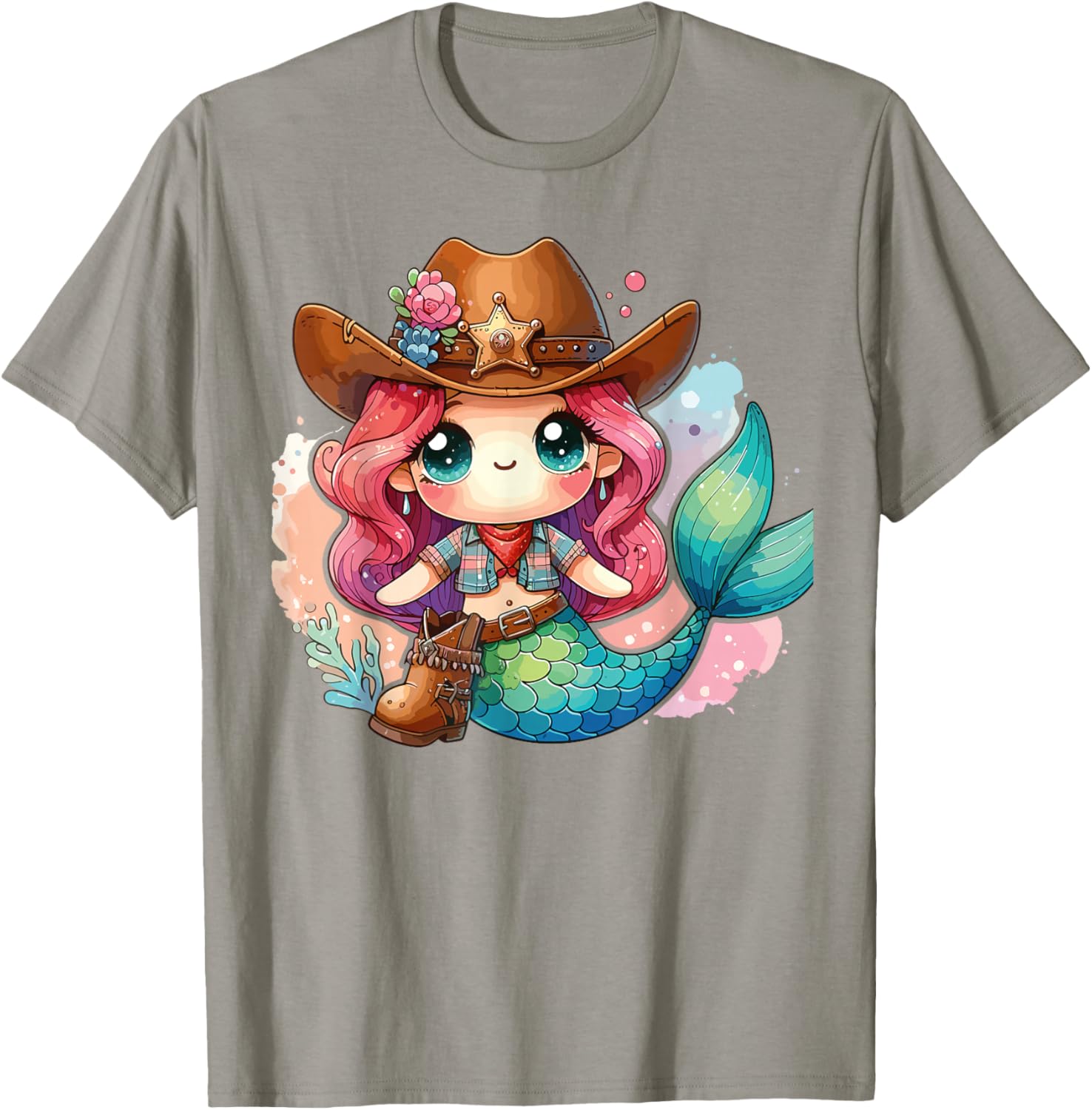 Western Rodeo Cowboy Hat Mermaid Texas Animals T-Shirt - T-Shirt | Sand