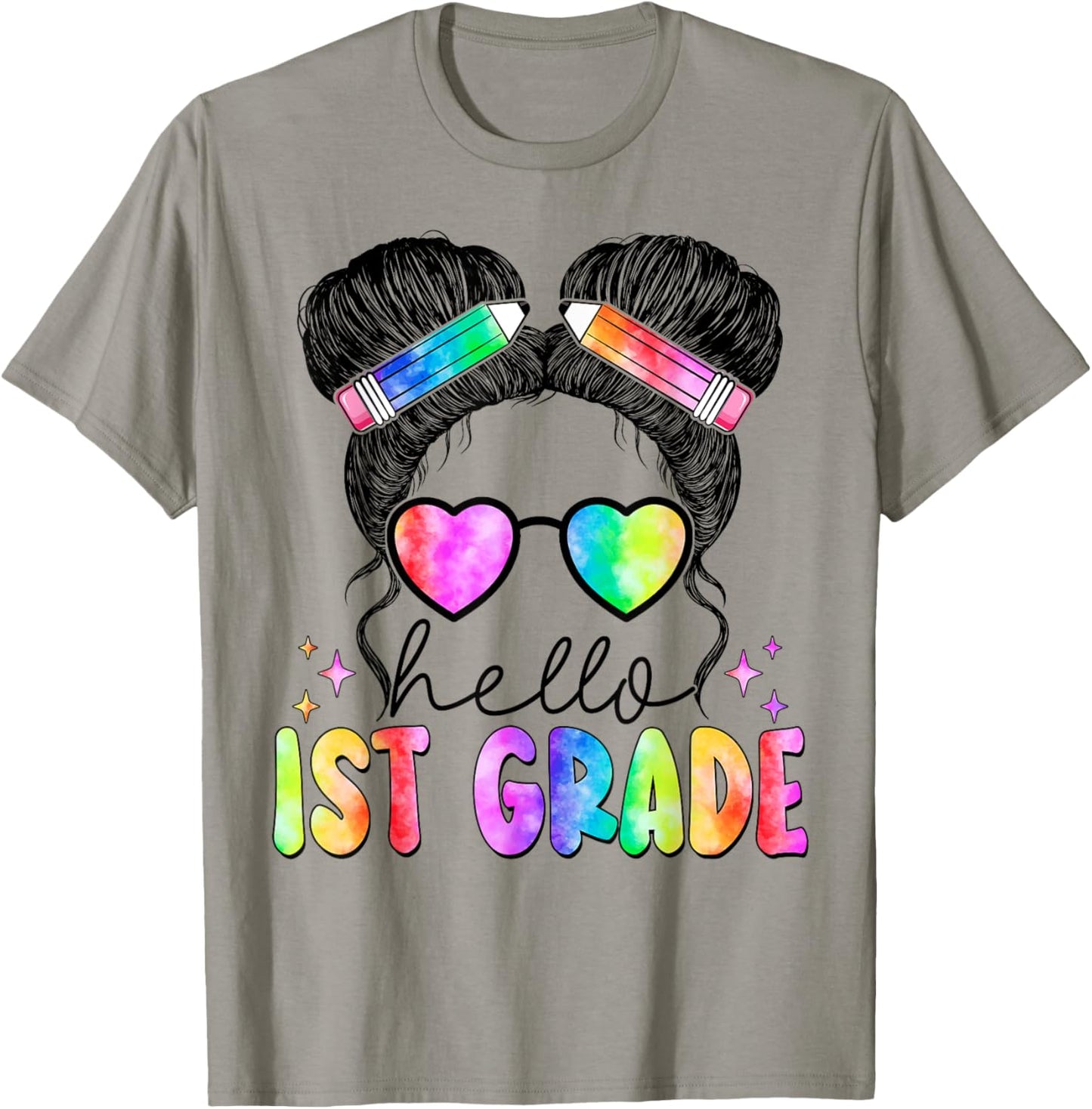 Messy Hair Bun Girl Back To School First Day Hello 1st Grade T-Shirt - T-Shirt | Sand