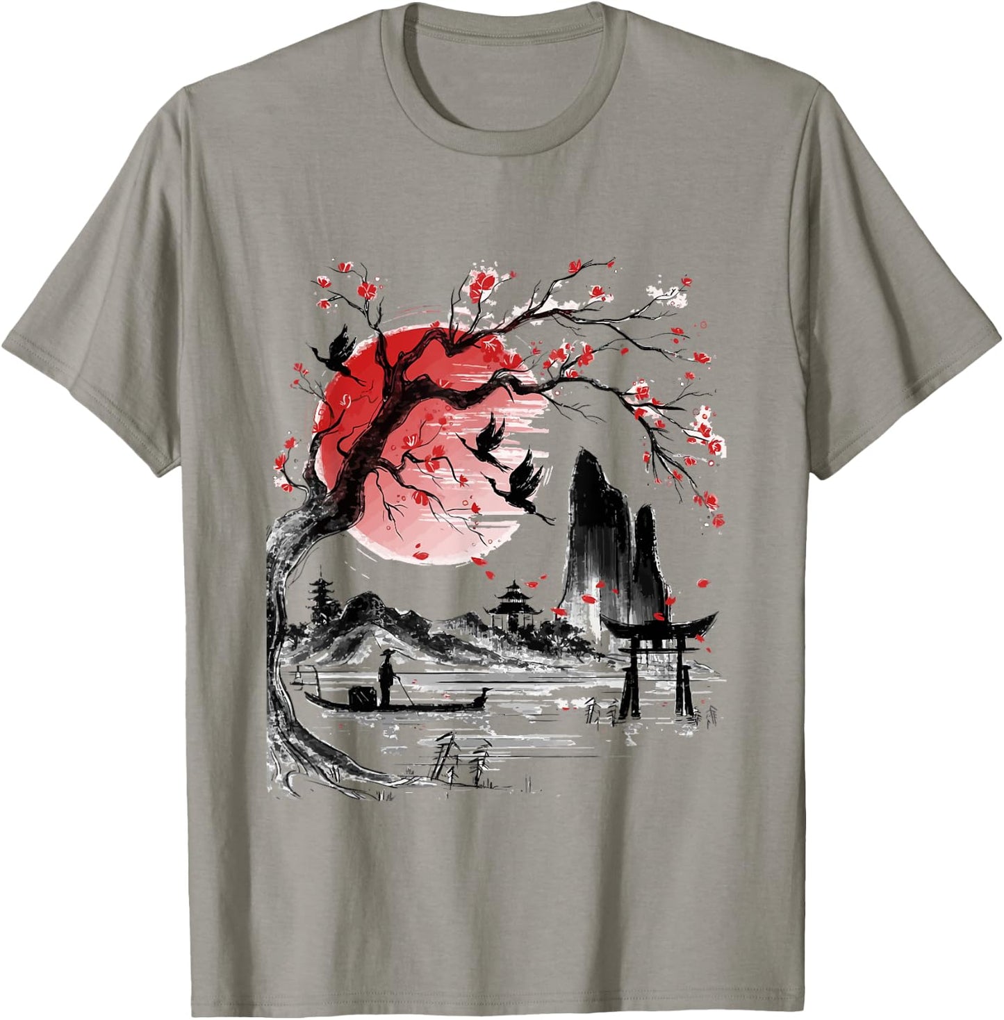 Japanese Tree Red Moon With Birds Flying in background T-Shirt - T-Shirt | Sand