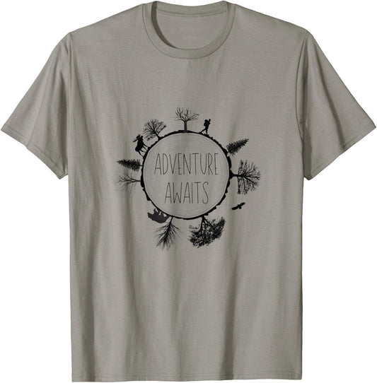 Tree Rings Hiker Moose Bear Eagle Black Adventure Awaits T-Shirt - T-Shirt | Sand