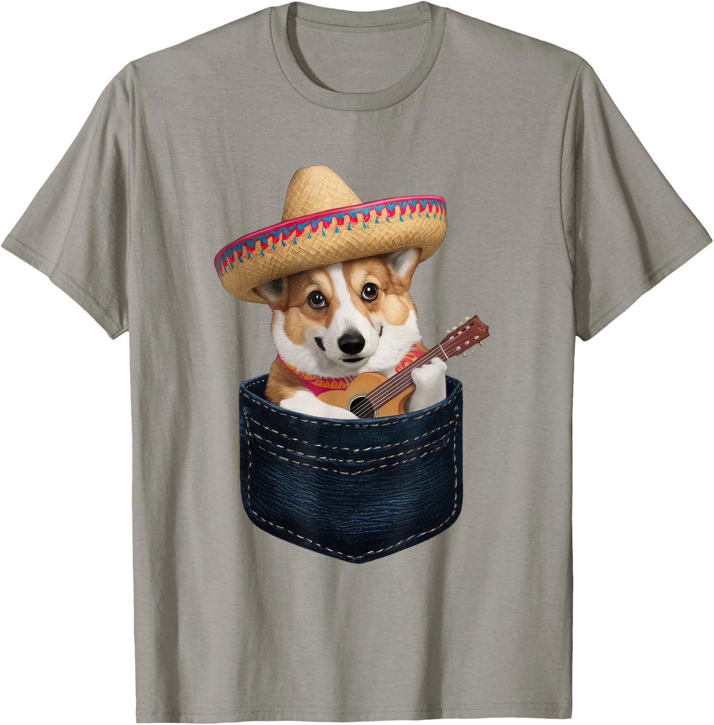 Sombrero Welsh Corgi Dog Playing Guitar Cinco de Mayo Men Women Kids T-Shirt - T-Shirt | Sand