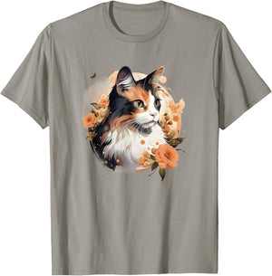 Girls Kids Floral Beautiful Flowers Calico Cat Lover T-Shirt - T-Shirt | Sand