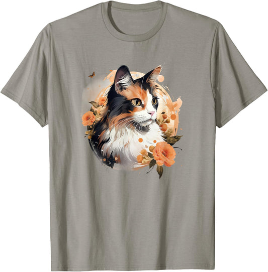 Girls Kids Floral Beautiful Flowers Calico Cat Lover T-Shirt - T-Shirt | Sand
