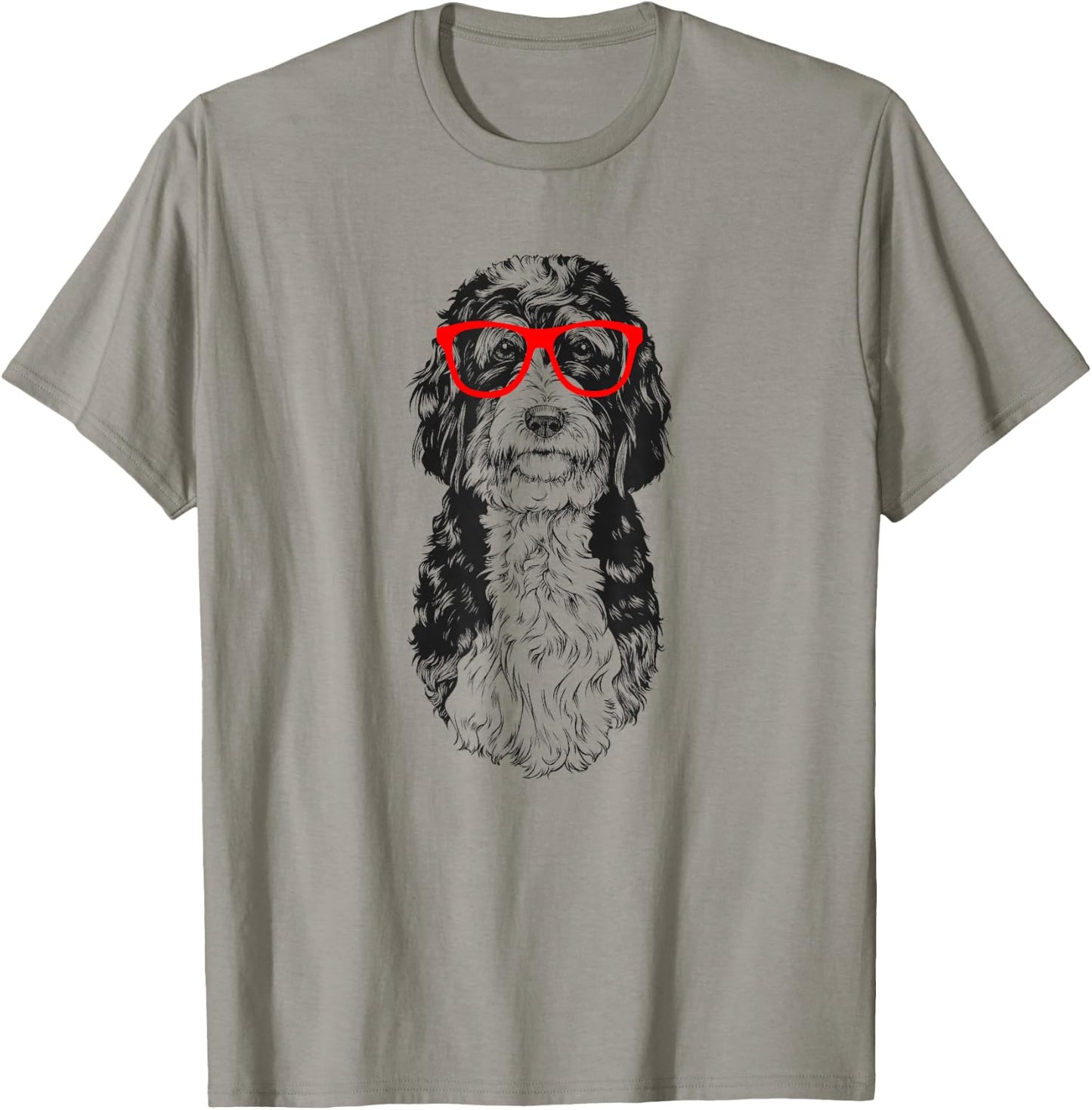 Bernedoodle in Red Glasses Nerd Doodle Dog T-Shirt - T-Shirt | Sand