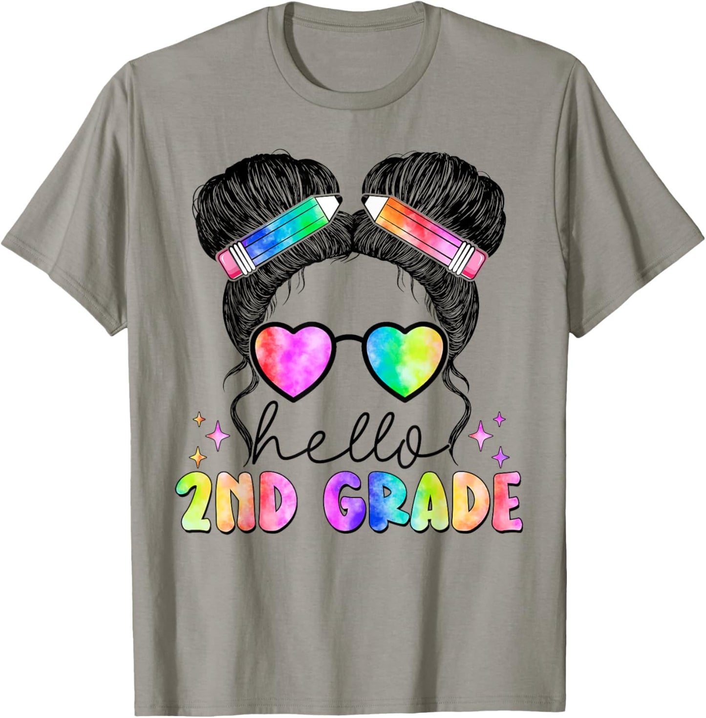 Messy Hair Bun Girl Back To School First Day Hello 2nd Grade T-Shirt - T-Shirt | Sand