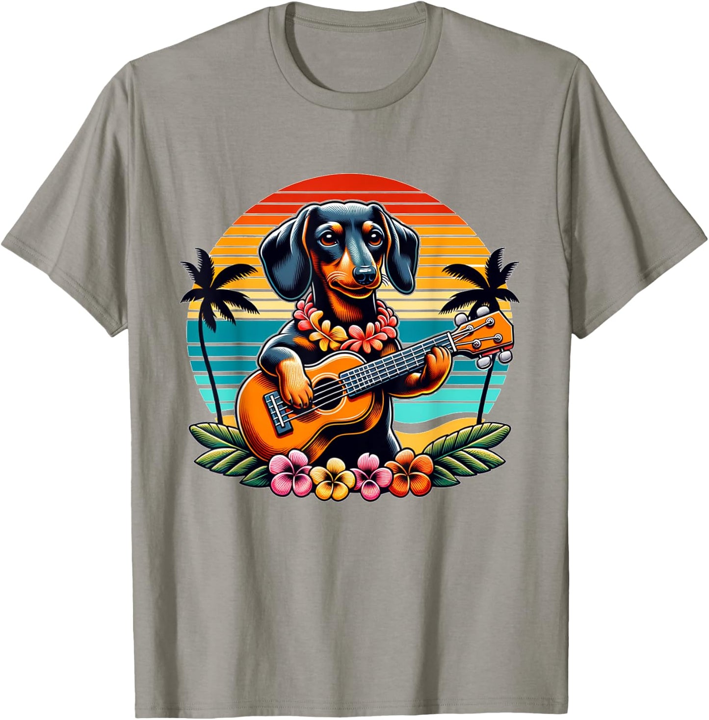 Cute dachshund Dog Playing Guitar Hawaiian Summer Wiener T-Shirt - T-Shirt | Sand