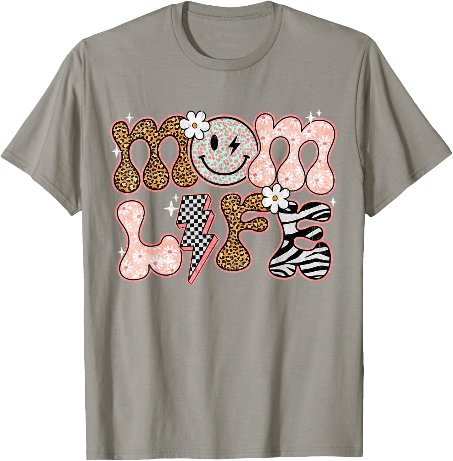 Mom Life Floral Groovy Smile Leopard Retro Mum Mum Mother T-Shirt - T-Shirt | Sand