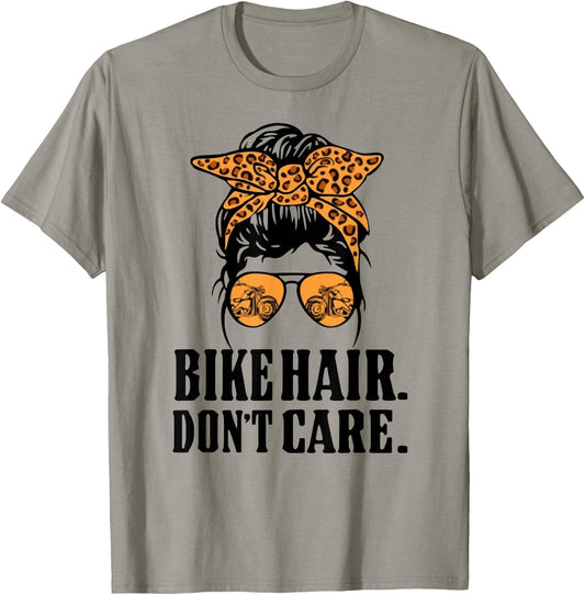 Bike Hair Don't Care Leopard Motorcycle Messy Bun Biker Life T-Shirt - T-Shirt | Sand