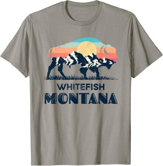Whitefish Montana Vintage Hiking Bison Nature T-Shirt - T-Shirt | Sand