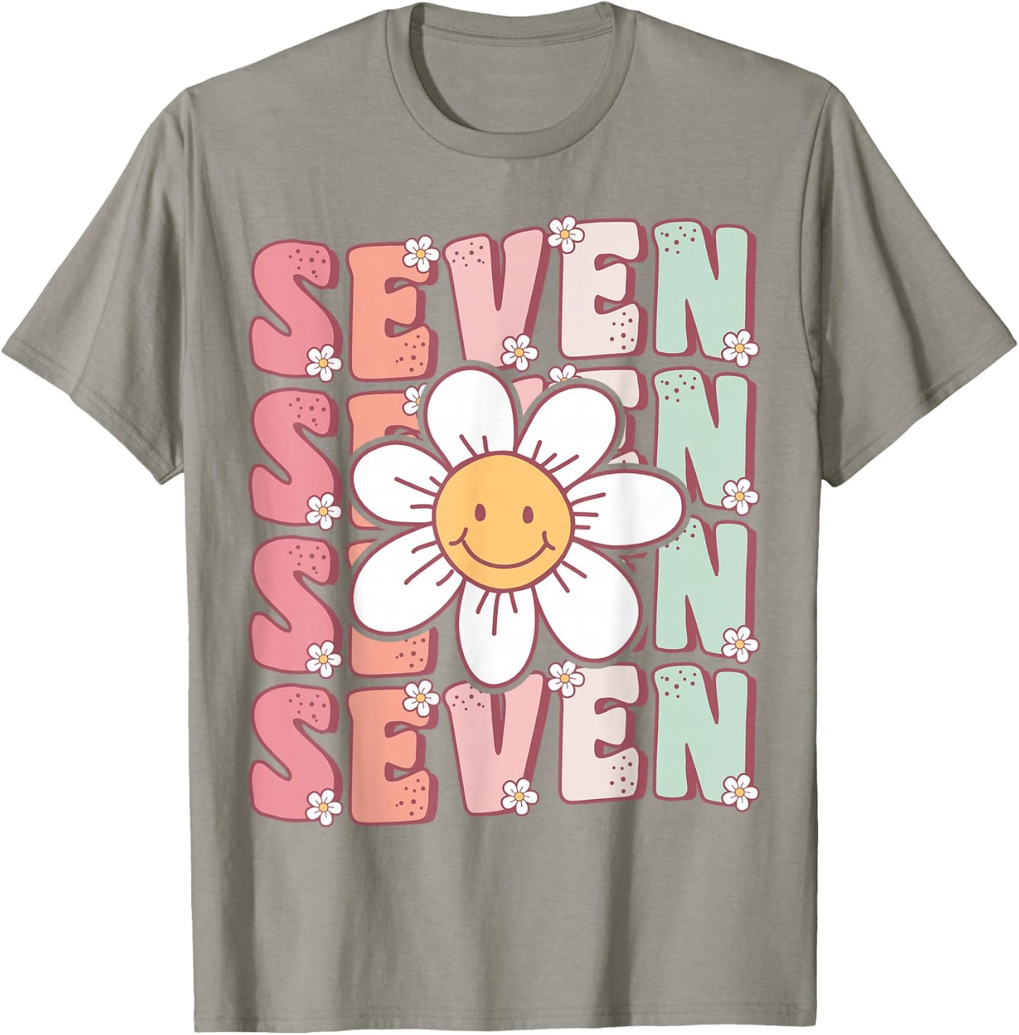 Cute Groovy 7th Birthday Party Daisy Flower Seven Year Old T-Shirt - T-Shirt | Sand